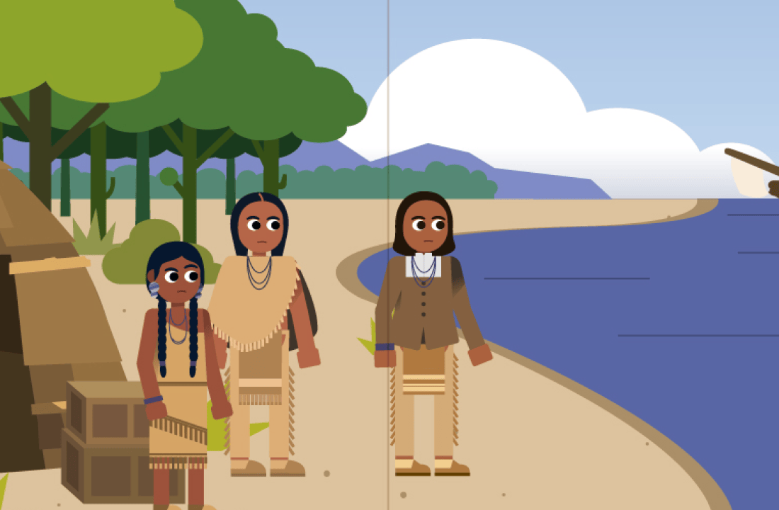 Three indigenous people, two in traditional attire and one in colonial clothes, stand by a river with a boat and trees in the background.