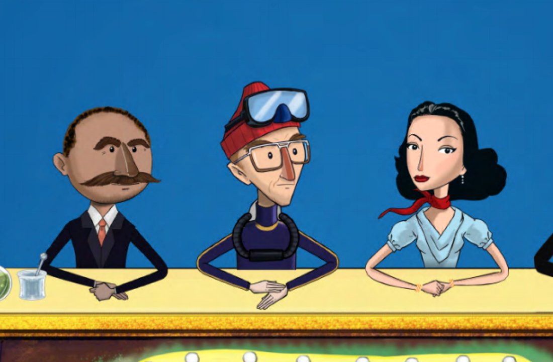 Three cartoon characters, a man in a suit, another in scuba gear, and a woman in a blue shirt, sitting at a bar with a blue background.