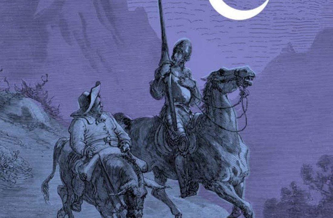 An illustration of don quixote riding his horse with a spear in hand and sancho panza on a donkey, set against a moonlit, hilly background.