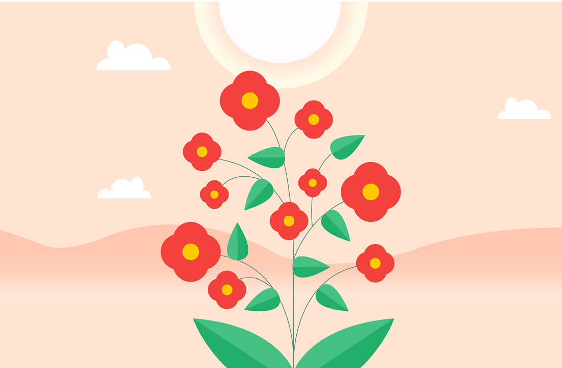 Illustration of a red flower plant with green leaves under a bright sun, set against a soft pink landscape with white clouds.