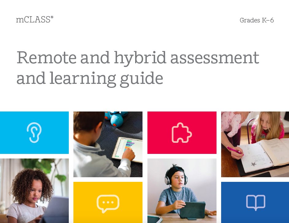 Cover of a remote and hybrid learning guide showing application icons, and images of diverse students engaged with digital devices.
