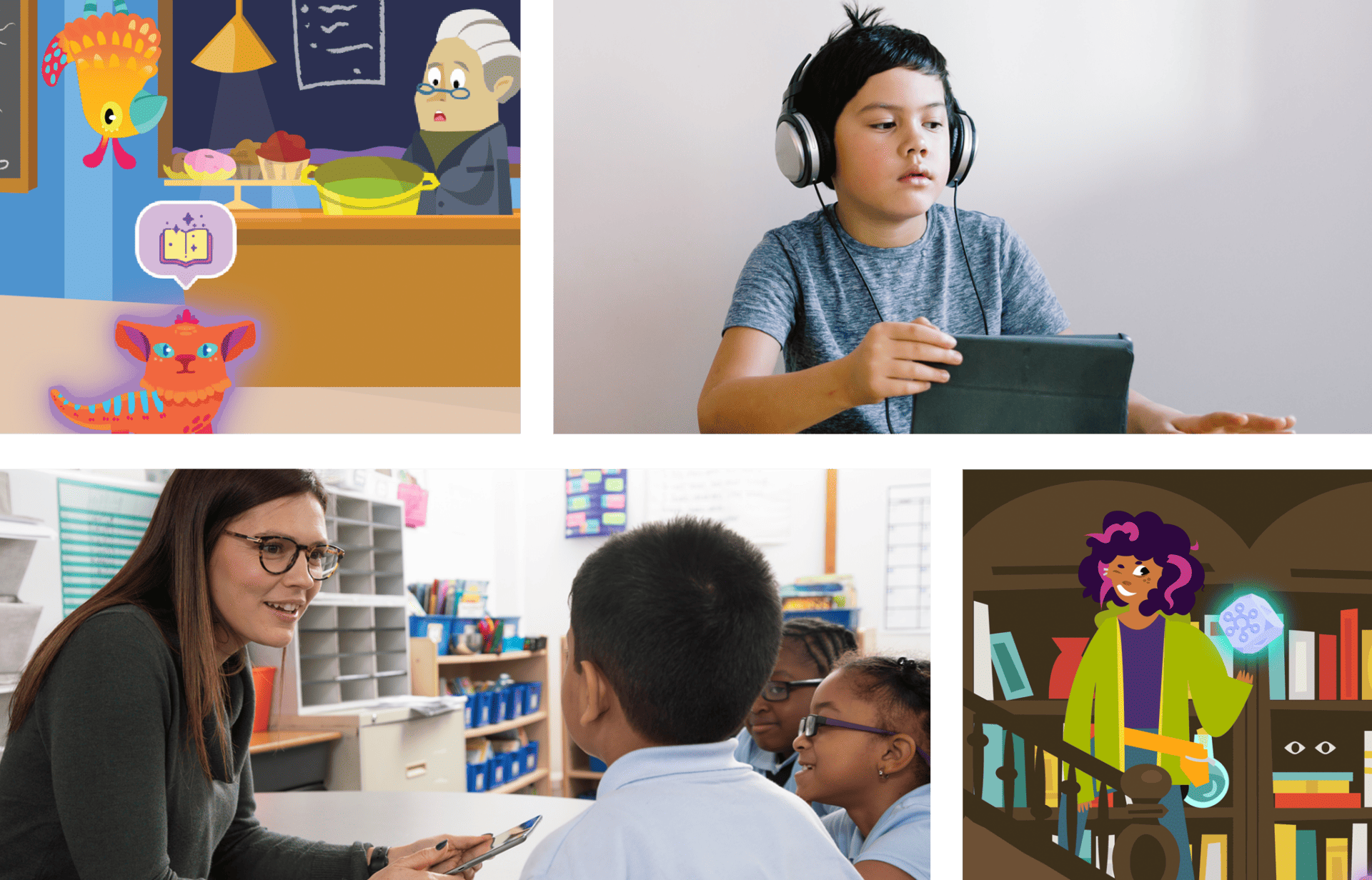 Collage of four educational scenes: animated language learning app, boy using tablet with headphones, teacher discussing with students, and animated character with books.