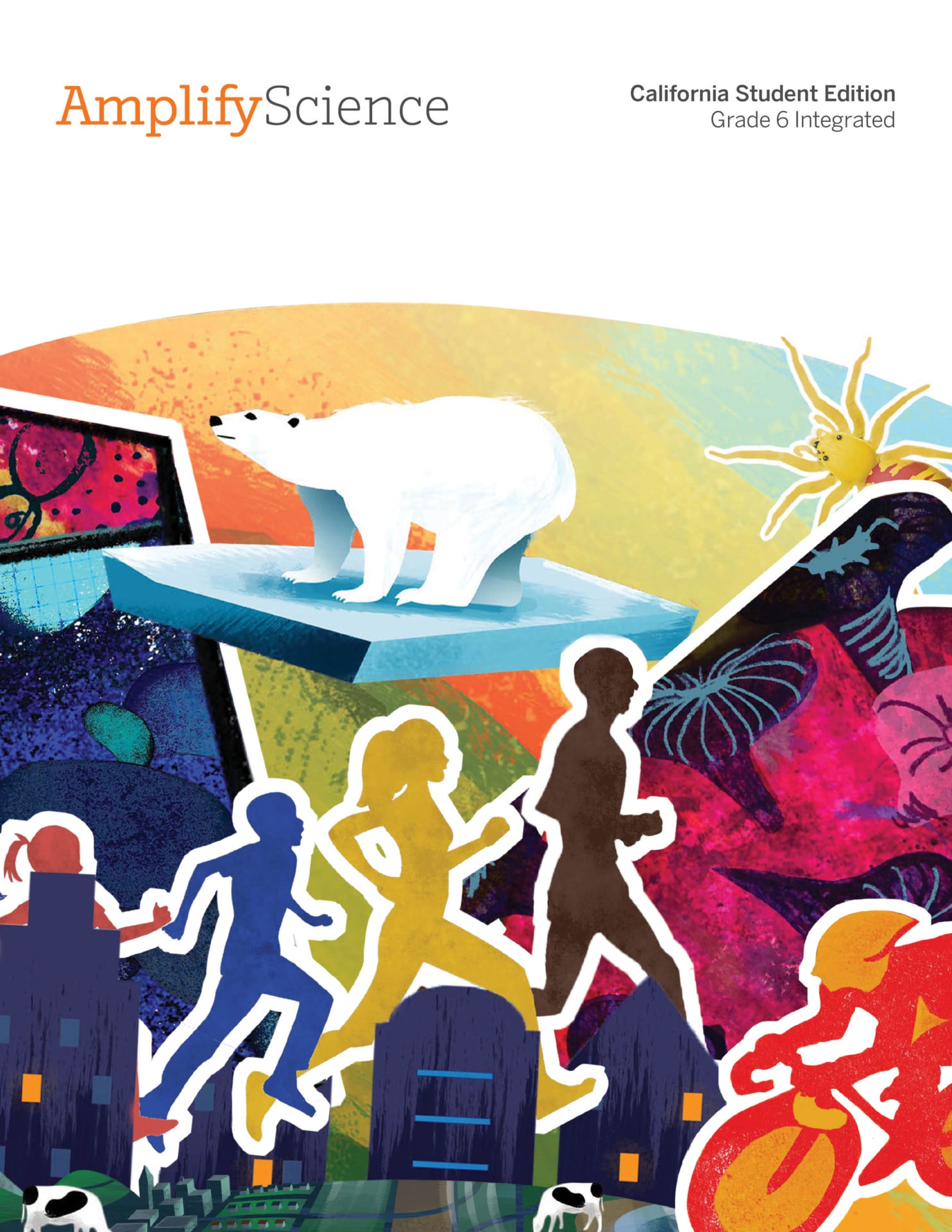 Illustration on a textbook cover featuring a polar bear on an iceberg, silhouettes of running people, cityscape, sun, and tropical plants, titled 