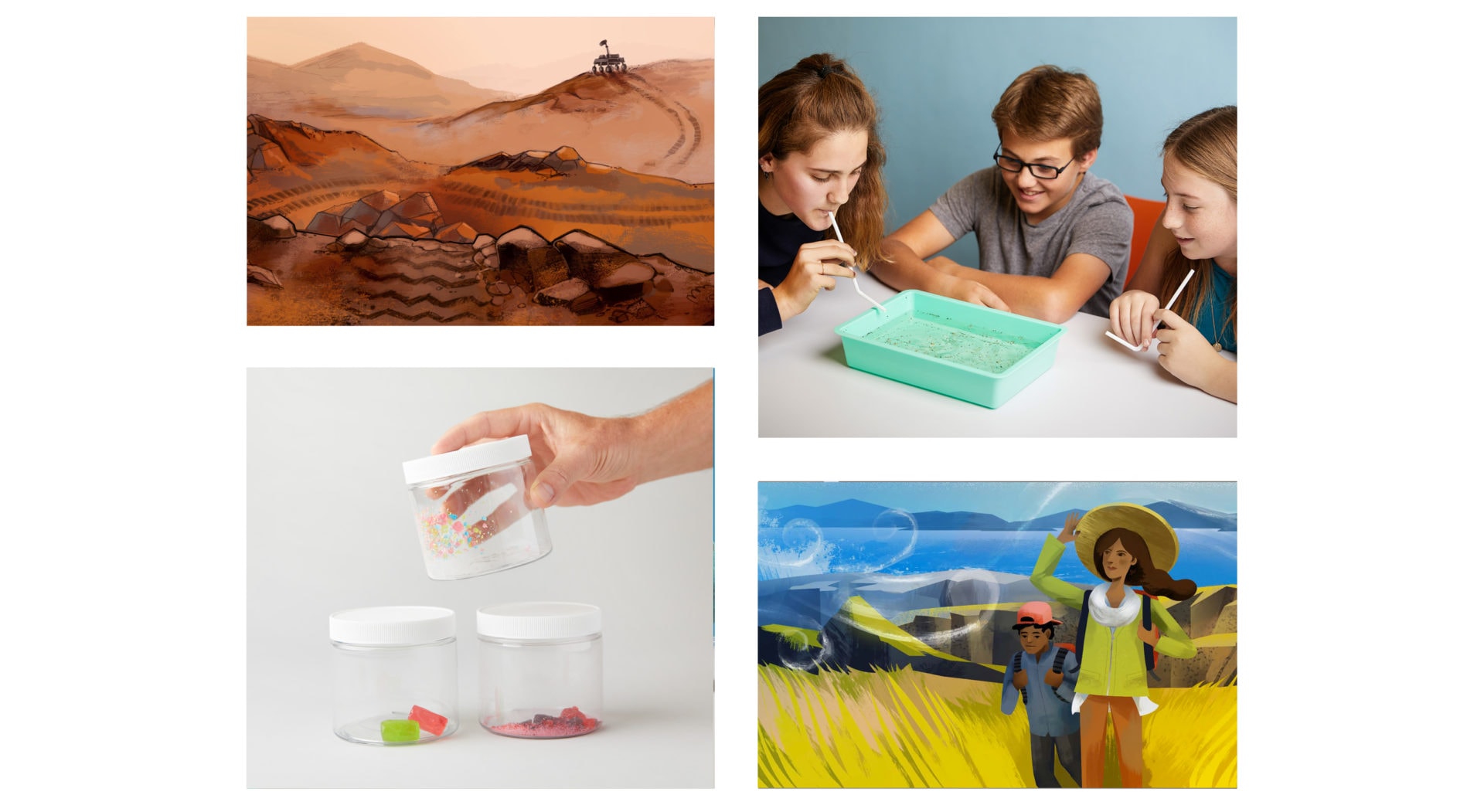 Collage of four images: a watercolor desert scene, three kids examining a gadget, a hand placing beads into a container, and a woman in a sunhat in a stylized field.