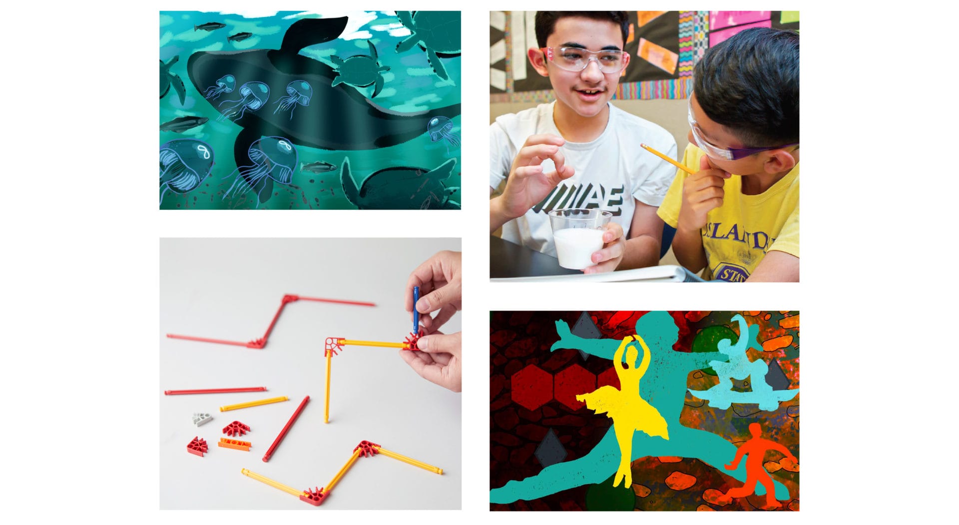 Collage of four science-themed images: a globe and model planet, two kids doing an experiment, a night sky with constellations, and a hand watering plants in clear containers.