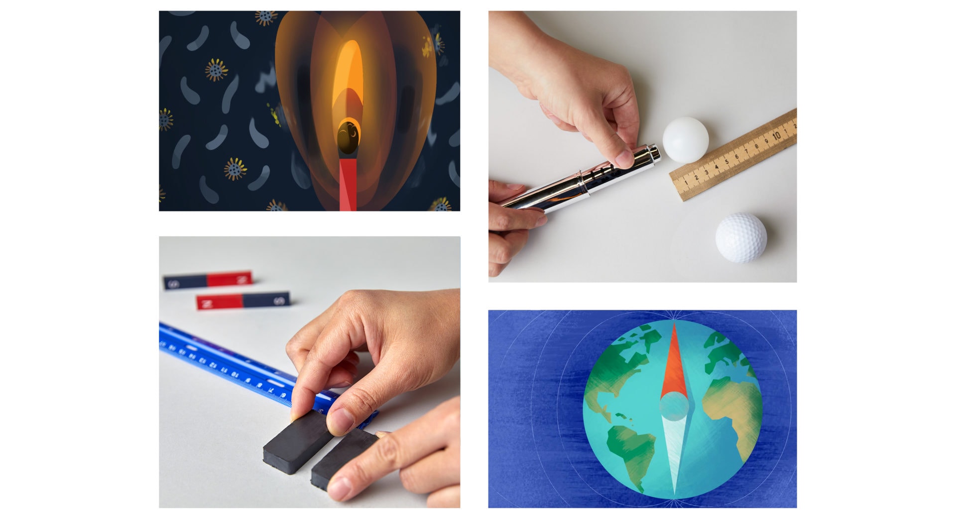 Collage of four images: a lit lantern in a dark space, hands measuring objects with a ruler, a hand holding an eraser, and a painted globe on a blue background.
