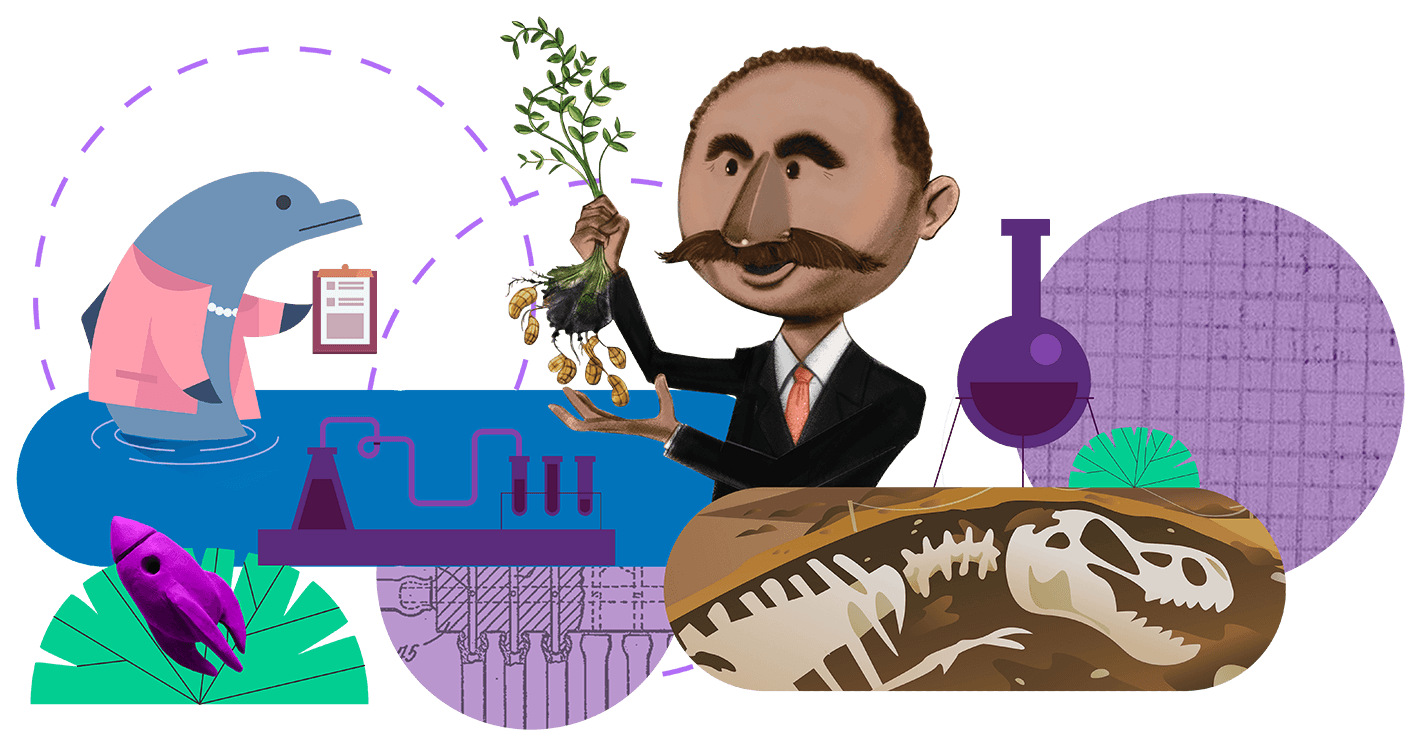Ilustración que muestra varios elementos de la ciencia y la naturaleza, incluido un hombre de Amplify CKLA Español sosteniendo una planta, un aparato químico, una mancha rosa y fósiles de dinosaurios.
