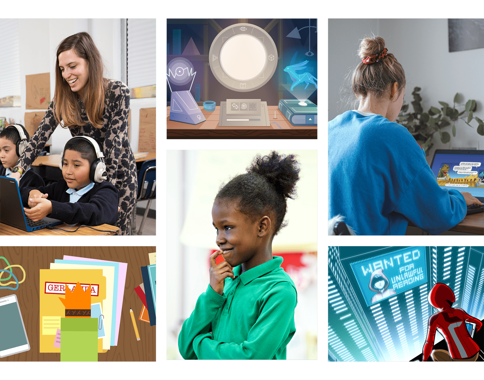 Photo collage of teaching helping students and other graphics