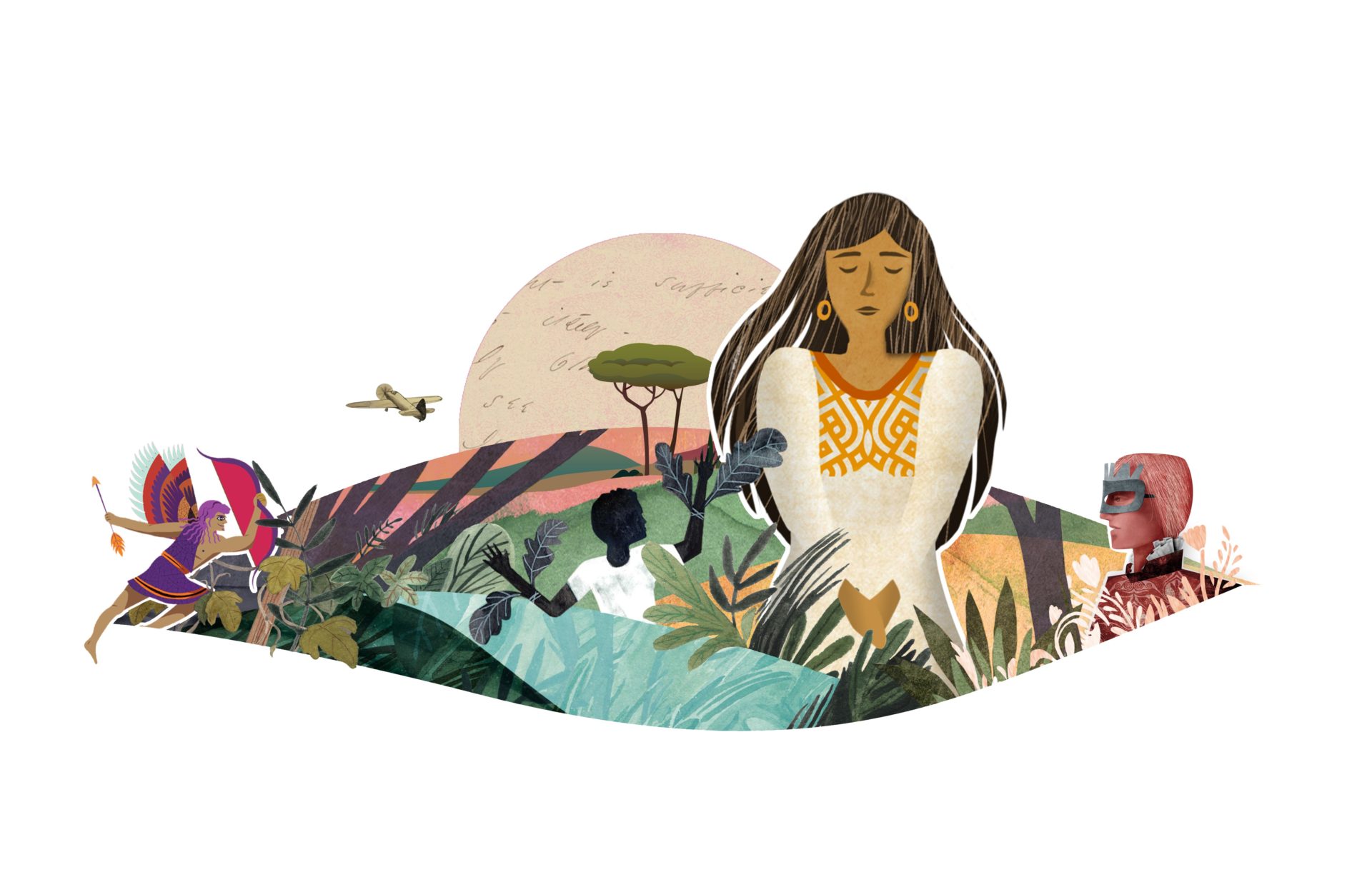 Ilustración de una mujer con un vestido blanco sentada entre diversos elementos como plantas, animales y formas abstractas, con un fondo suave y cálido, diseñado para amplificar el impacto visual.