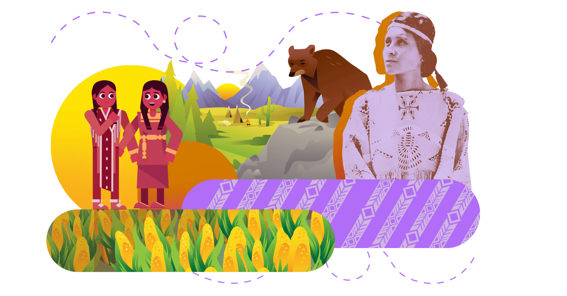 Illustration featuring two parts: on the left, two women in traditional attire with rural landscape and a bear; on the right, a statue of a woman with intricate details related to an online language arts