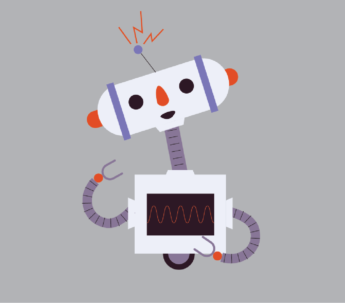 Illustration of a whimsical robot with an antenna, display screen showcasing online language arts curriculum on its chest, and two flexible arms, set against a grey background.