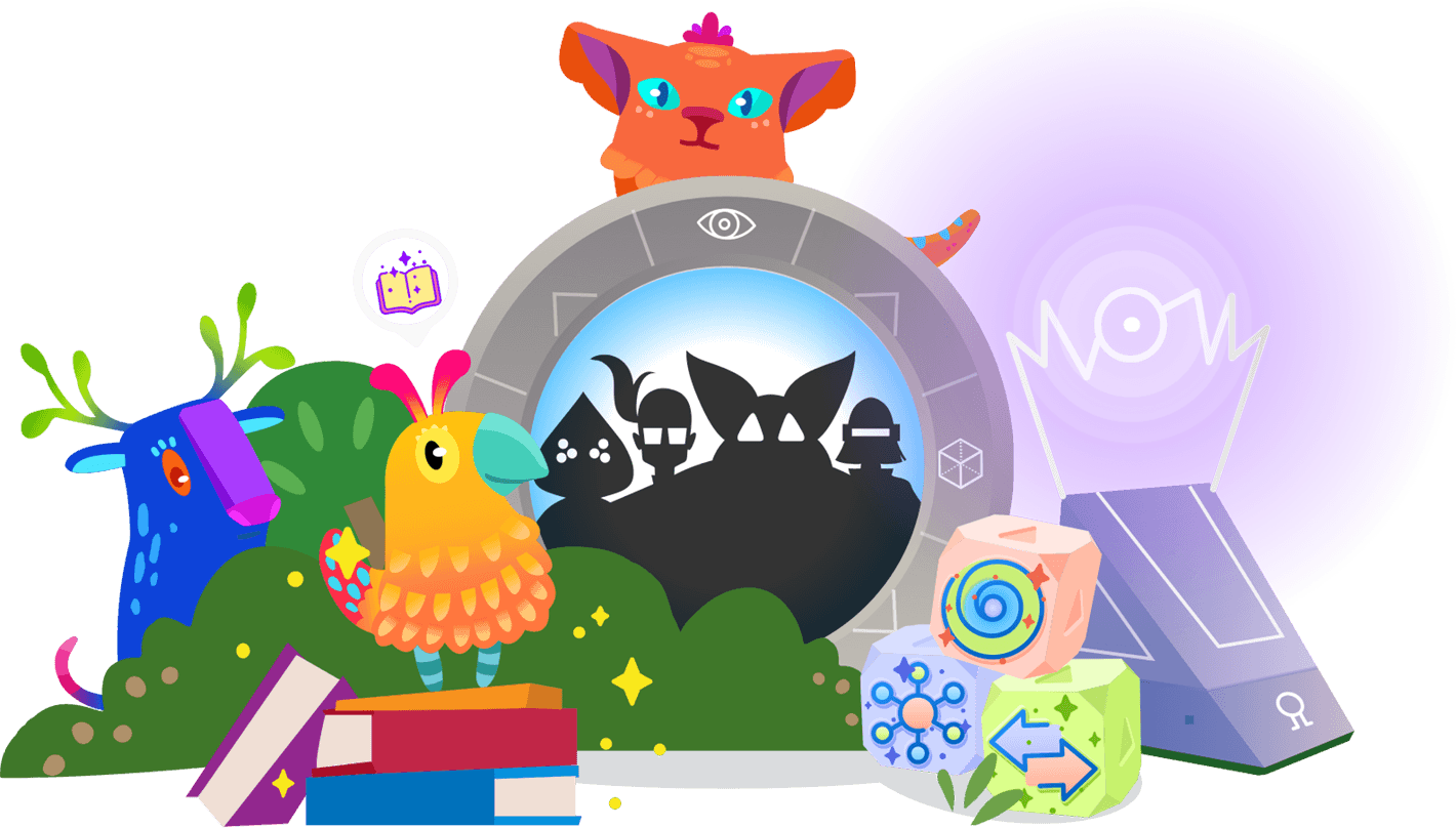 A colorful illustration featuring whimsical creatures around a crystal ball showing a silhouette of a cityscape, coupled with books, a microscope, and various abstract icons.