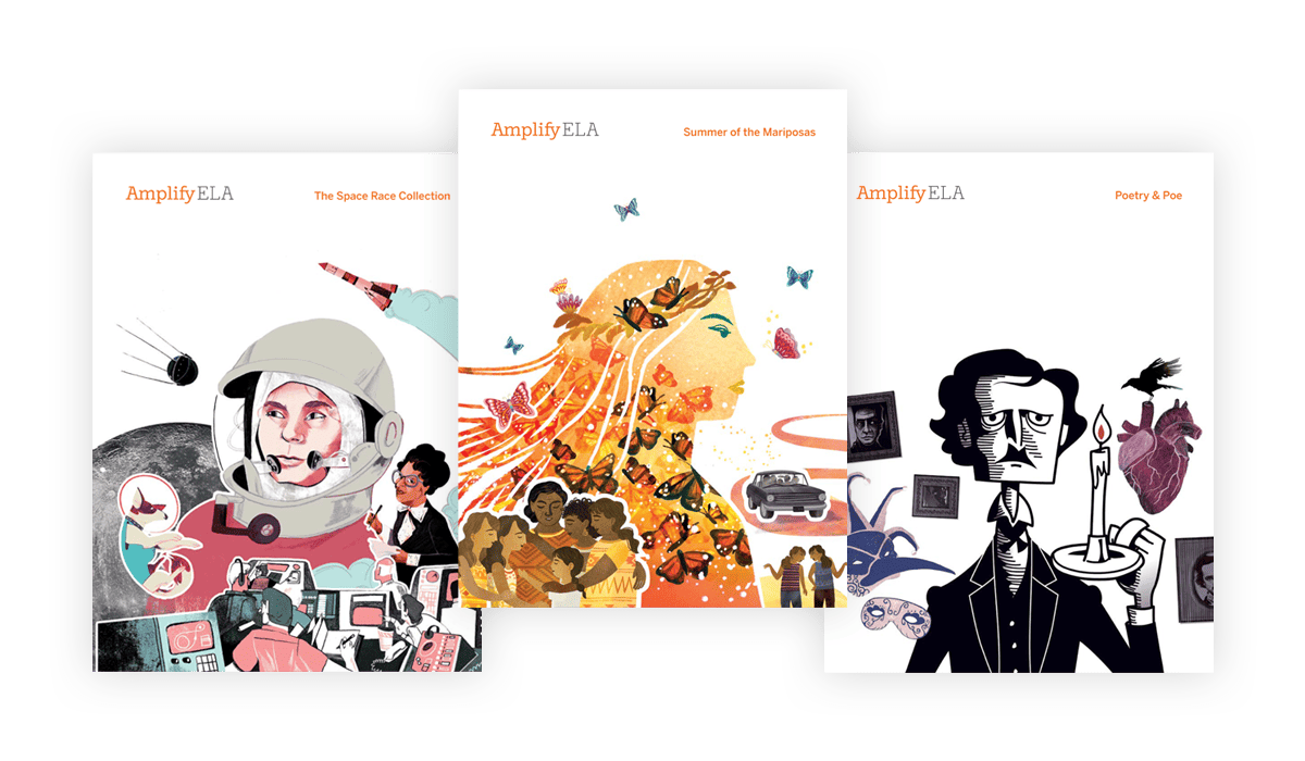 Three educational book covers from amplify ela series, featuring illustrations of an astronaut, diverse children with books, and a poet surrounded by symbolic imagery.