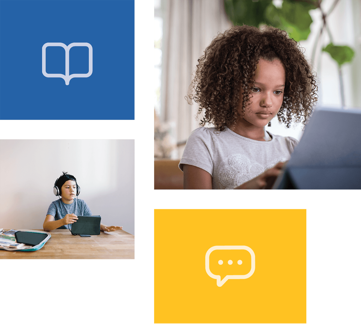 Collage of three images: a book icon, a young girl using a laptop, and a speech bubble icon, symbolizing education and communication.