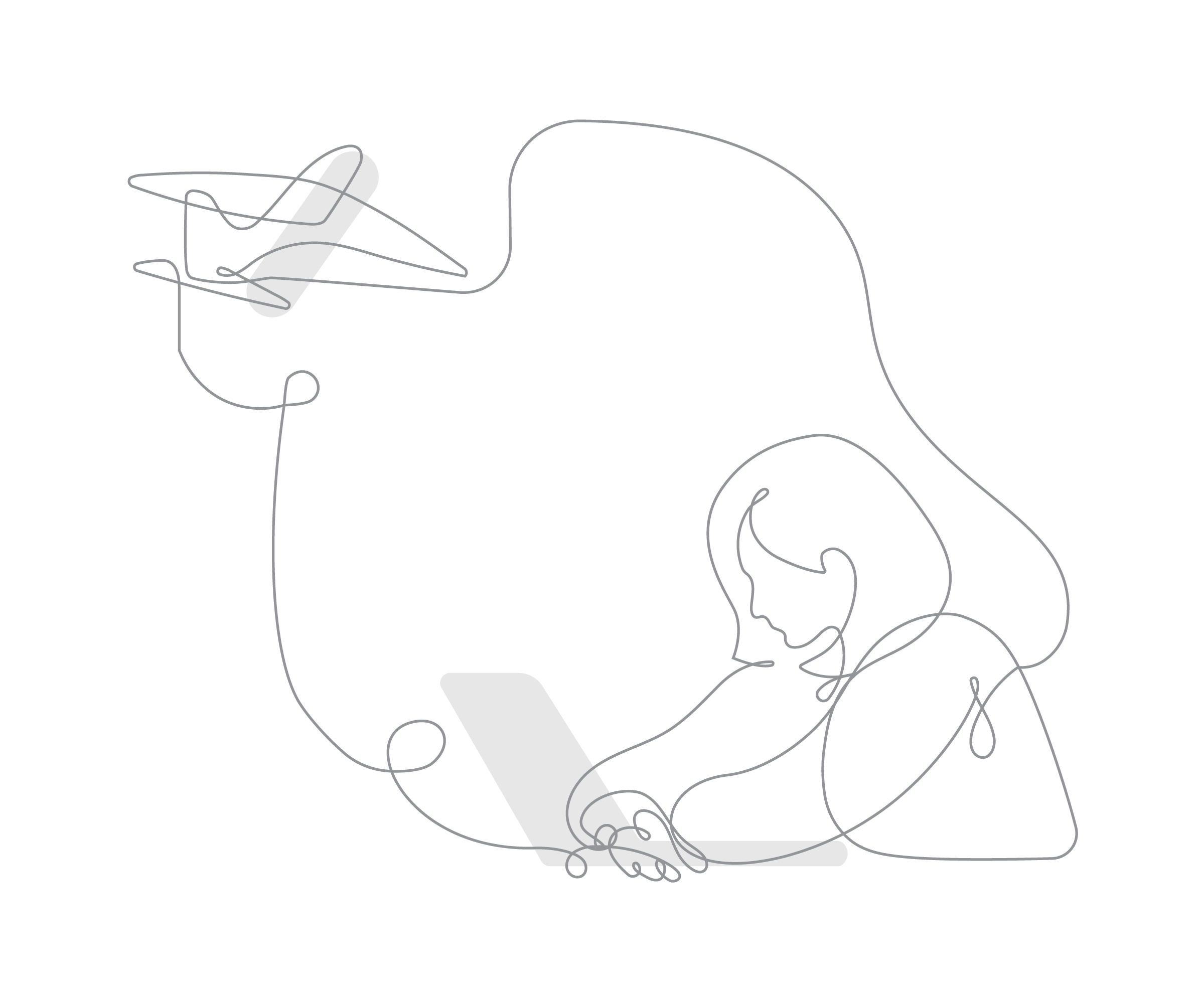 Line art of a person using a laptop with a continuous line forming a hand holding a pencil above, all on a black background for the Science newsletter.