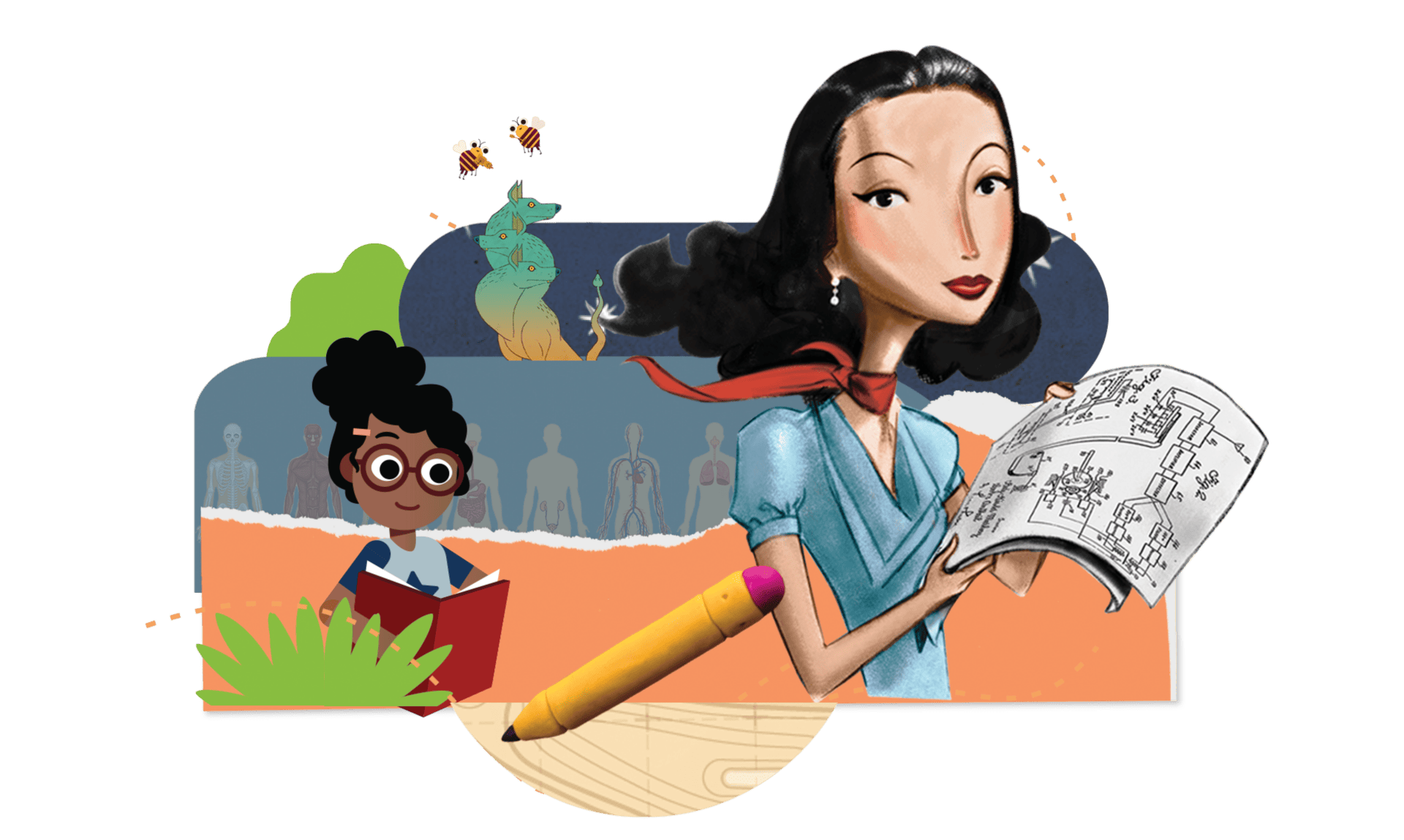 Illustration of a diverse group of people engaged in creative activities, including a woman holding architectural plans and a young girl reading a book.