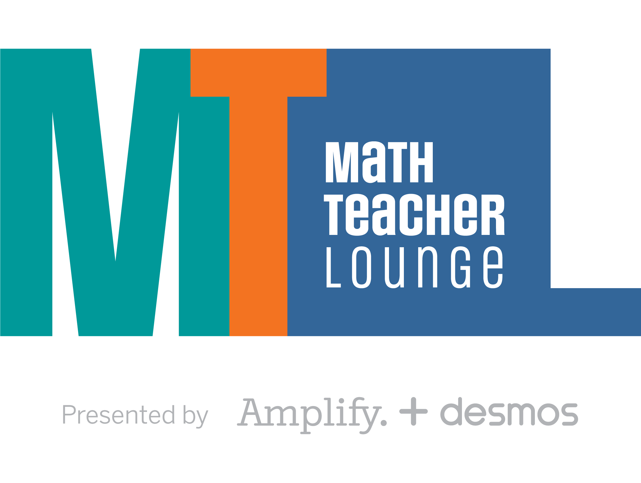 Logo of math teacher lounge, featuring large block letters with the words 'mtl' overlaid, presented by amplify and desmos, against a multicolored background.