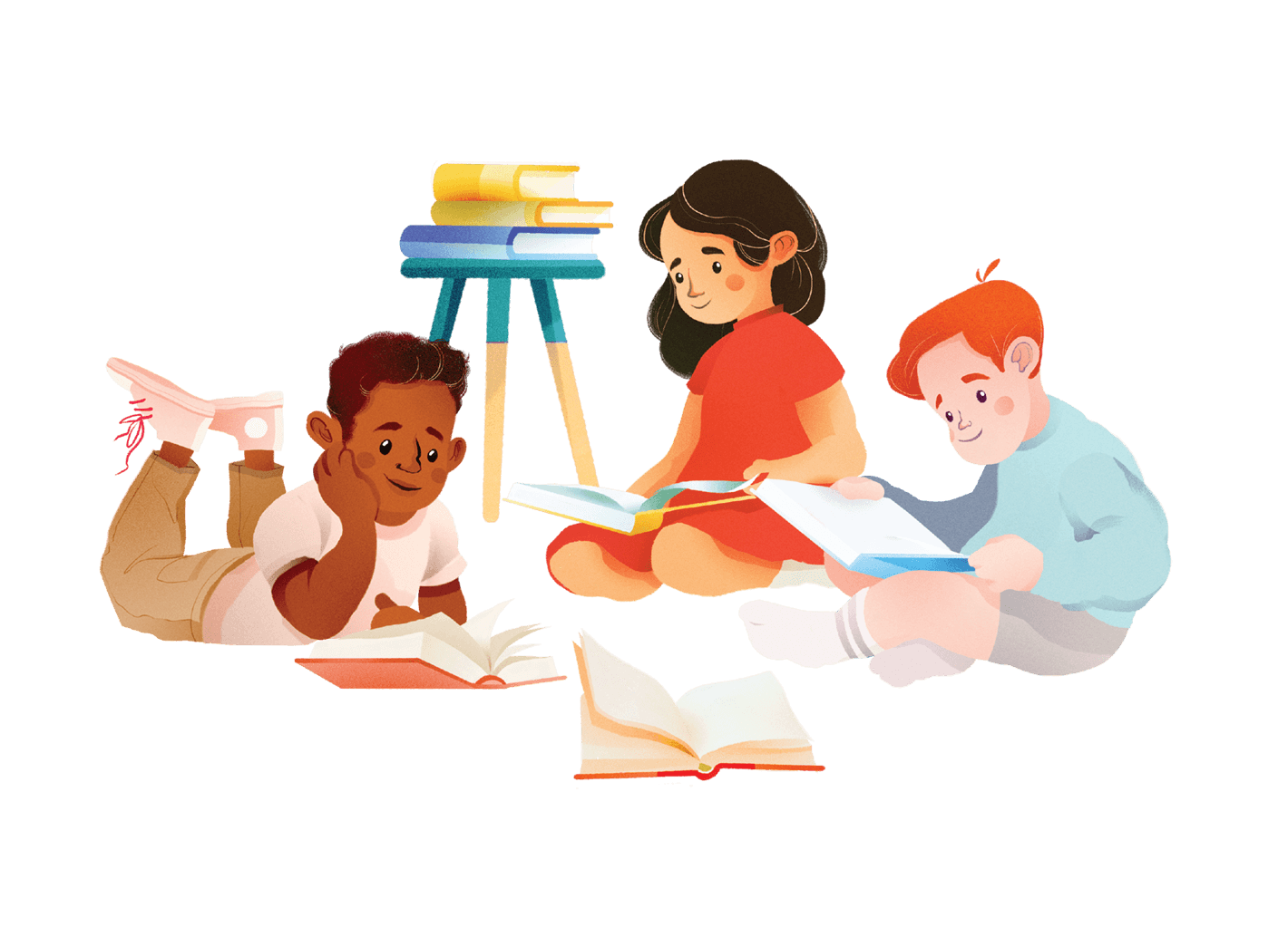 Three children reading books together on the floor, with a stack of books beside them on a small stool.