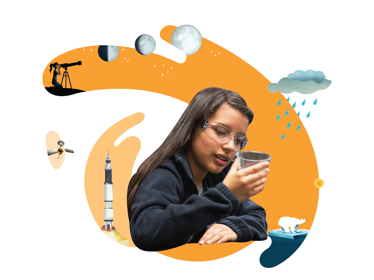 A young woman studying a cup with scientific imagery like satellites, a rocket, and celestial bodies in the background.