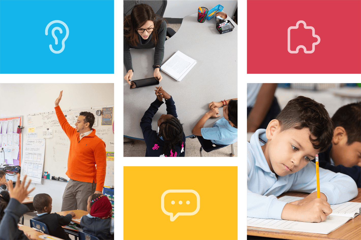 Collage of educational scenes including a teacher in a classroom, students engaging in activities, and icons representing digital learning tools.