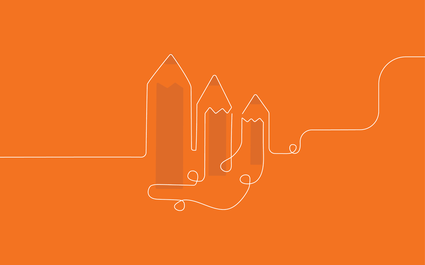 Graphic illustration of three stylized pencils connected by a continuous line on an orange background.