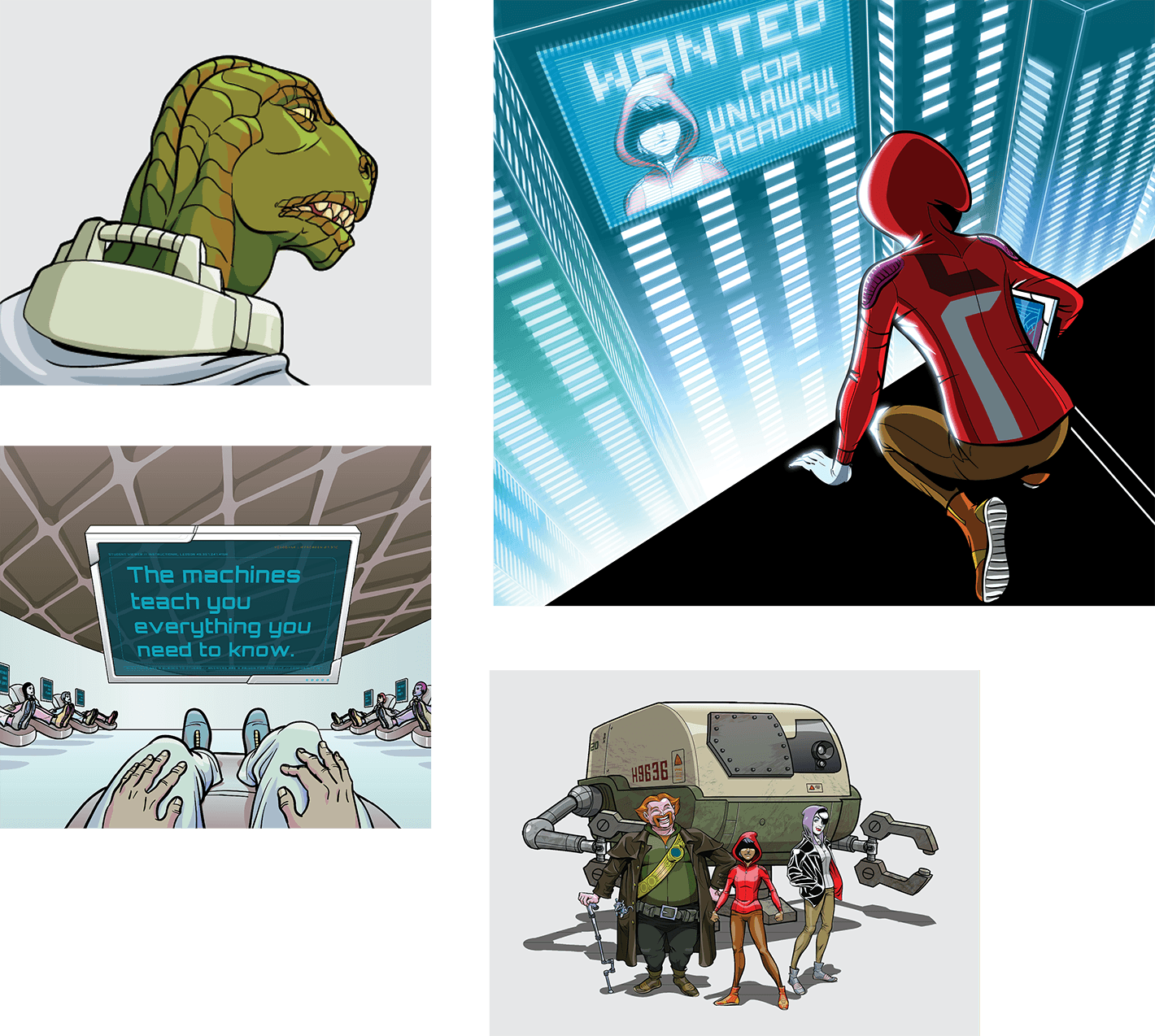 Comic book-style illustration featuring four panels: a close-up of a reptilian character, Spider-Man looking at a 