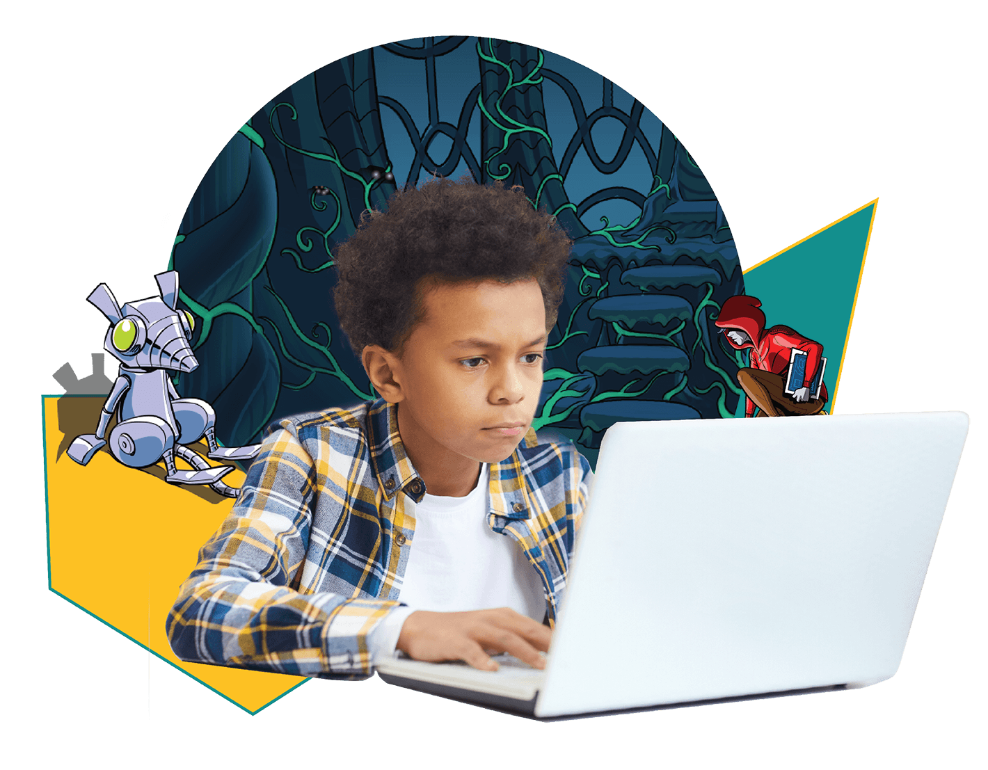 Young boy concentrating on laptop with imaginative illustrations of robots and Amplify Reading graphics in the background.