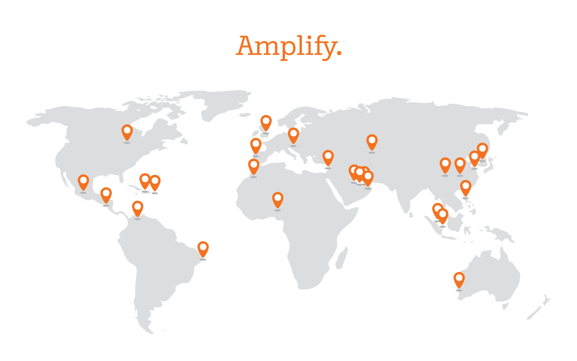 World map in gray with orange location markers on various continents and the word 