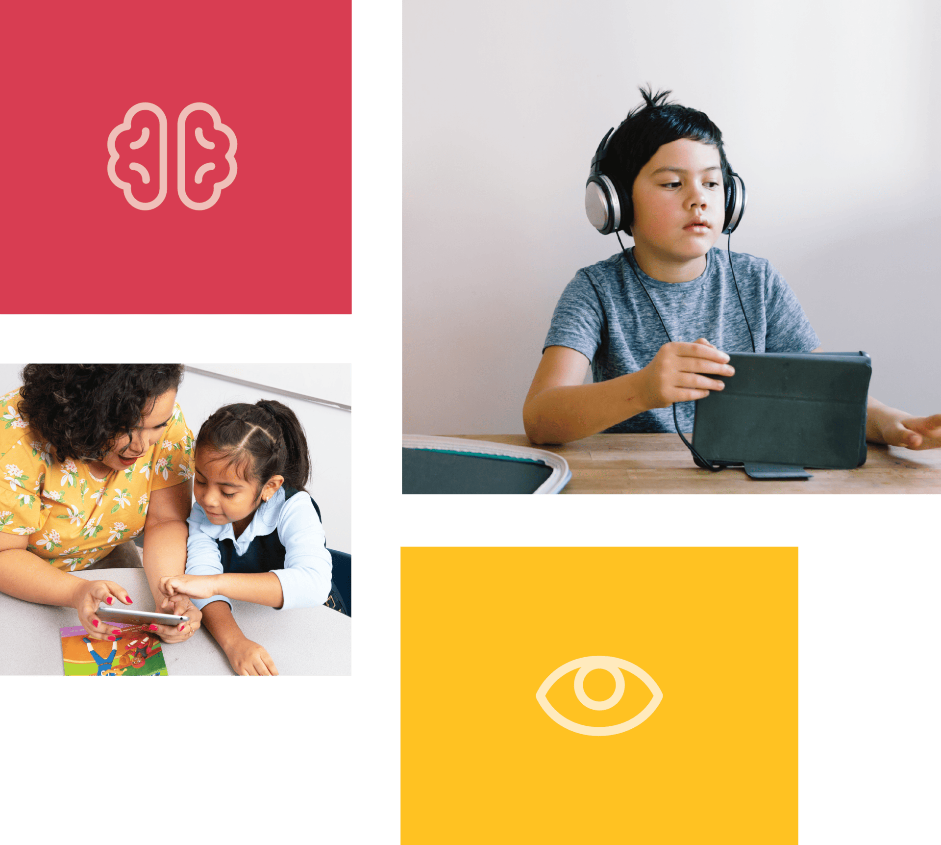Collage with a logo on red background, a boy with headphones using a tablet, a woman and girl using a smartphone, and an eye icon representing the University of Oregon on yellow background.