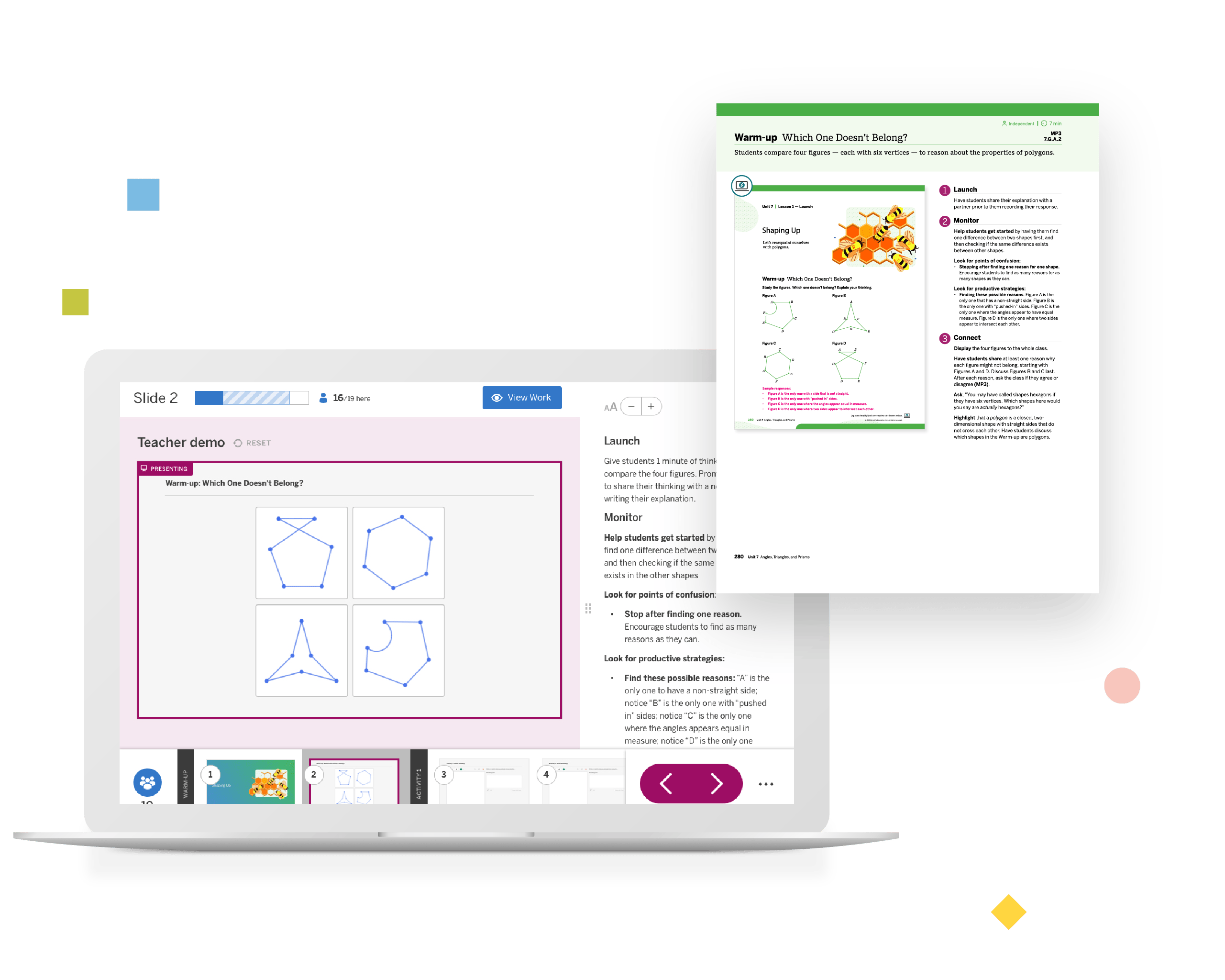 Illustration of two laptop screens displaying educational content, with one showing geometric shapes from the Amplify Math curriculum and the other featuring a text-heavy science lesson.