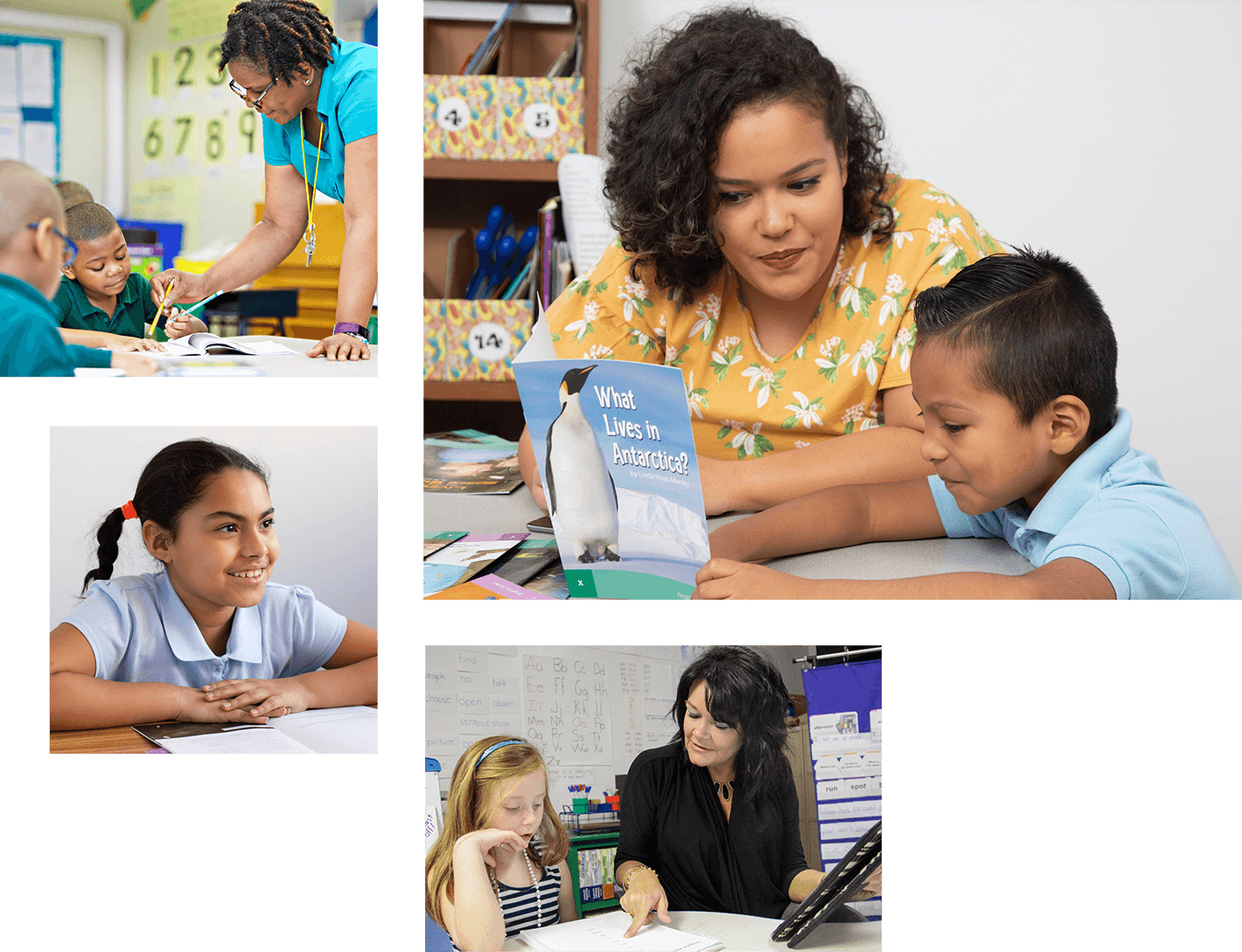 A collage of three images showing diverse teachers, funded by stimulus funding for schools, interacting with their young students in classroom settings.