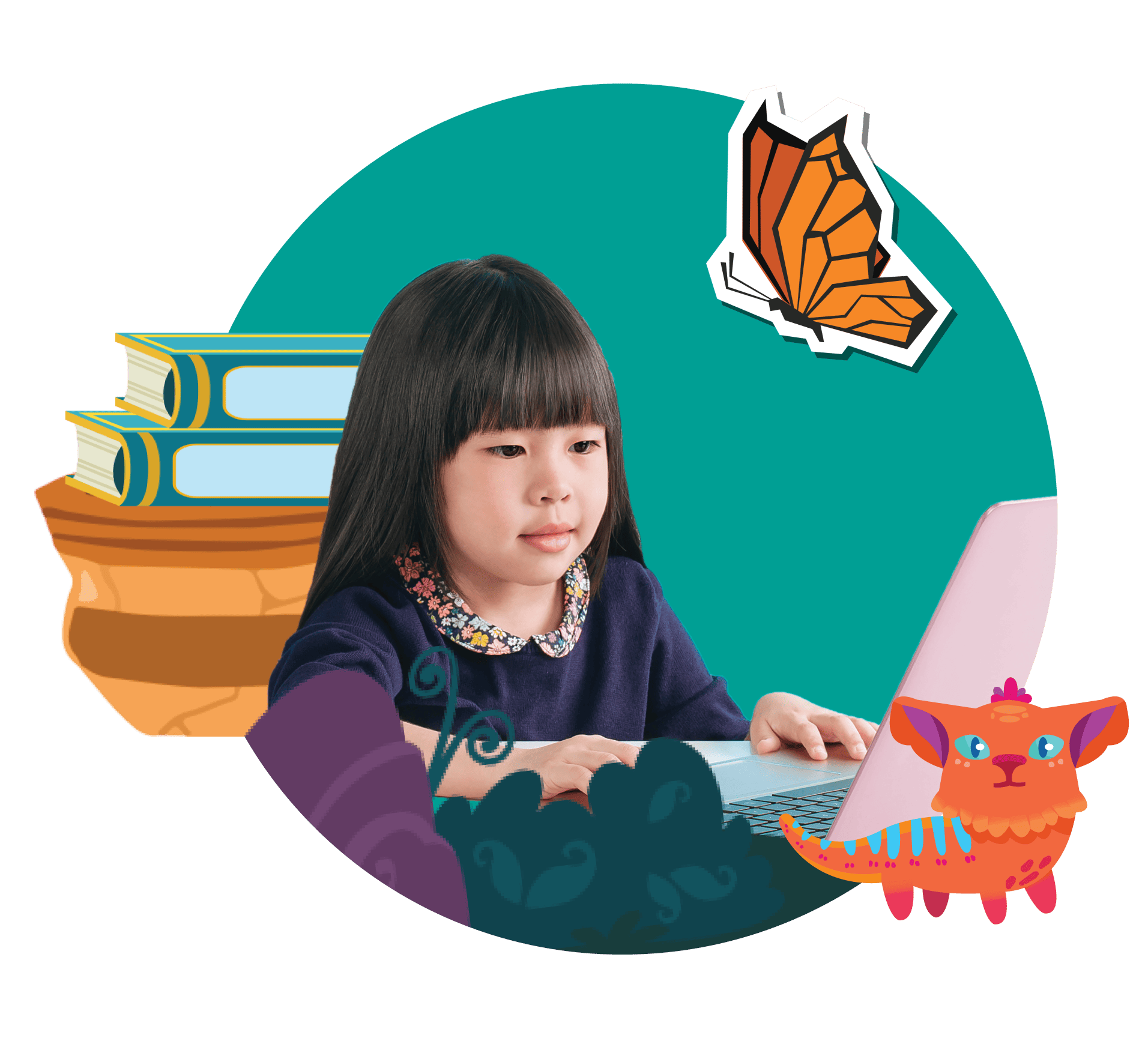 A young girl focuses on a laptop with a stack of books, a colorful creature, and autumn leaves in a stylized graphic.