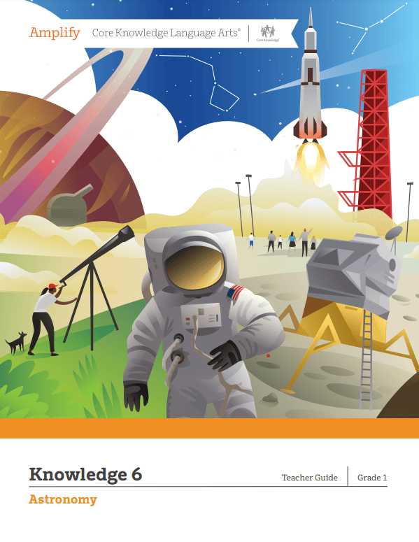 Illustration of an astronaut in the foreground with a dog, telescope, and children on a space-themed educational book cover titled