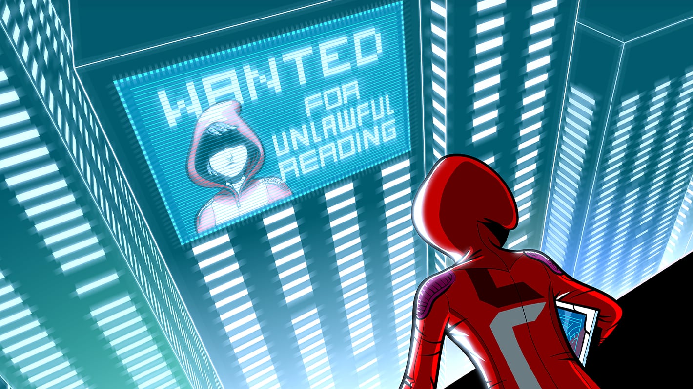 A futuristic cityscape with a figure in a red hood looking at a large digital billboard displaying a 