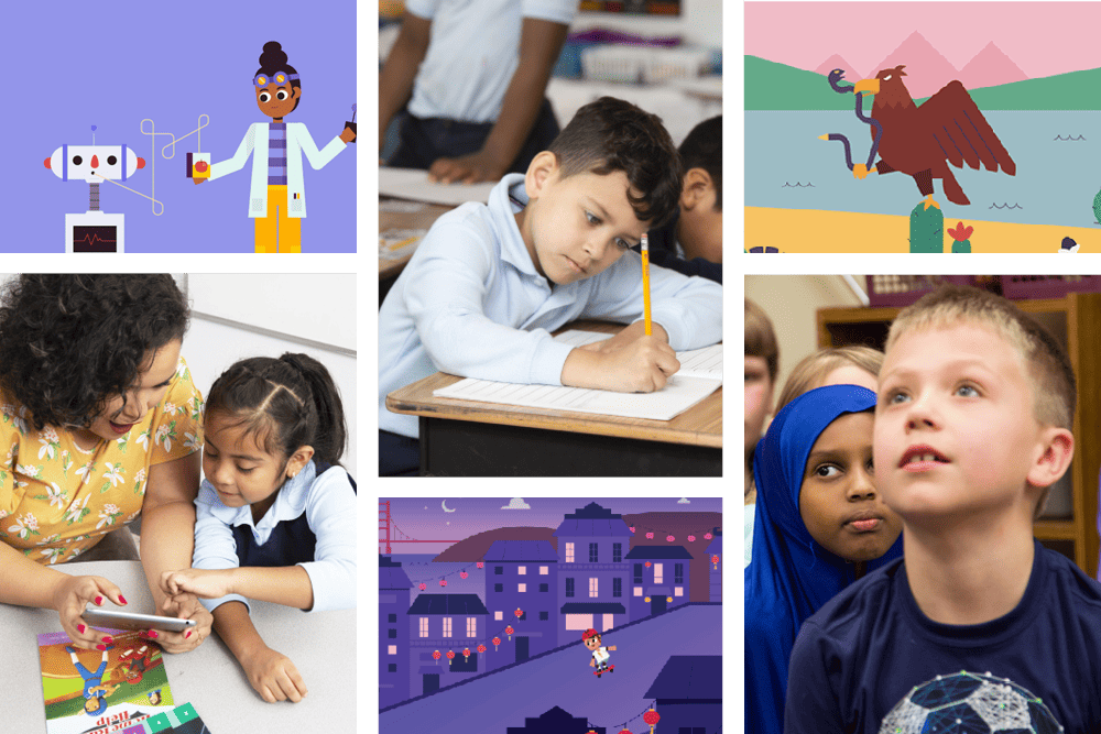 Collage de escenas educativas que muestran a estudiantes de diferentes edades participando en actividades en el aula, incluido el arte, la escritura y el aprendizaje con tecnología, y una ilustración estilizada de un paisaje urbano.
