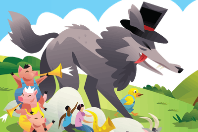 Illustration of a large, anthropomorphic wolf dressed in a top hat with a group of cartoon pigs and kids, set in a colorful landscape.