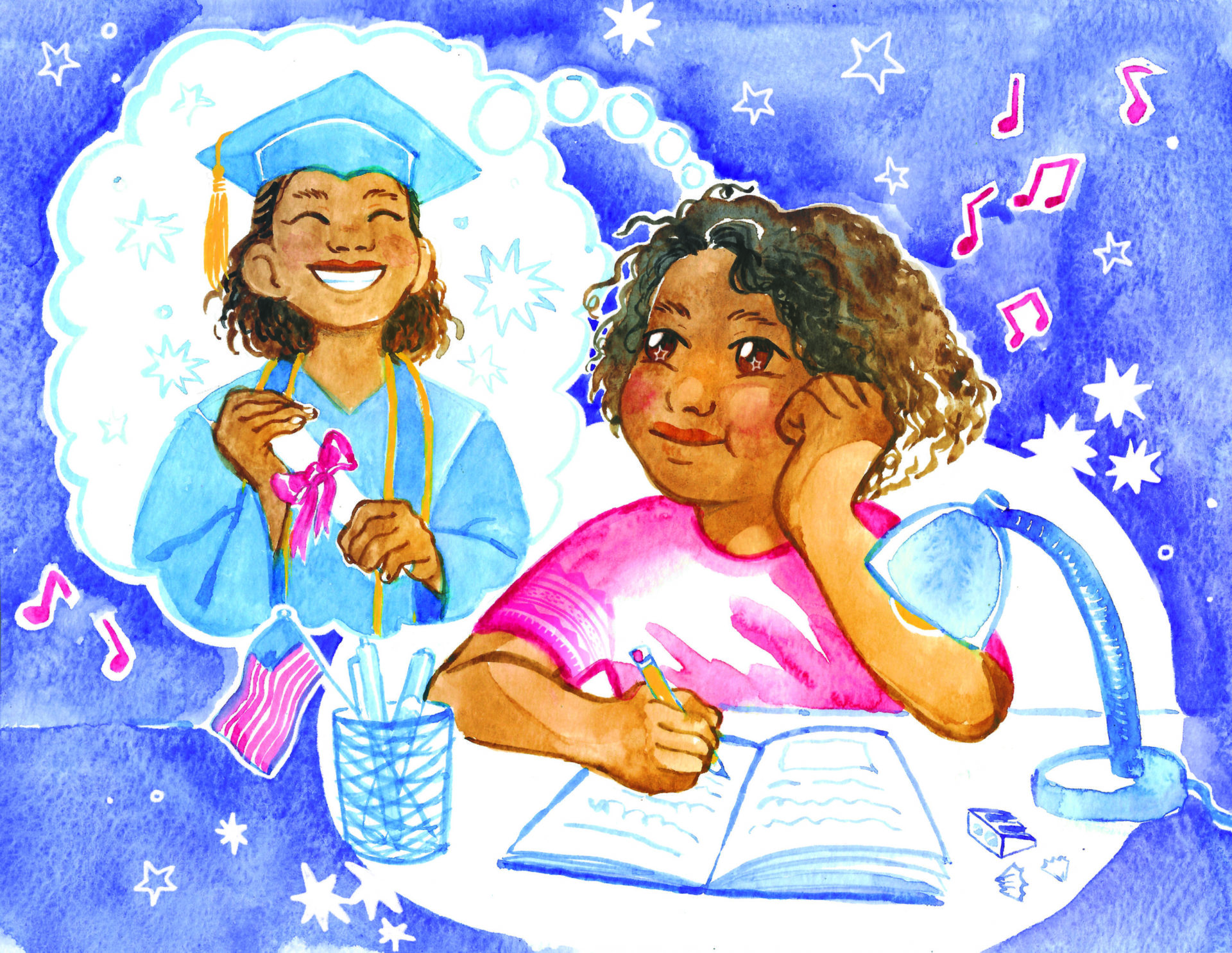 A young student daydreams about graduation while studying at a desk, surrounded by a colorful, watercolor-styled illustration with musical notes and stars.