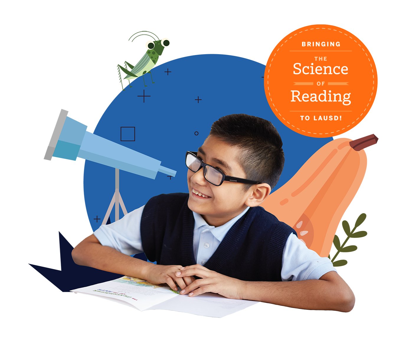 A boy in glasses reading a book, surrounded by illustrations of a telescope, grasshopper, and carrot, with a logo saying