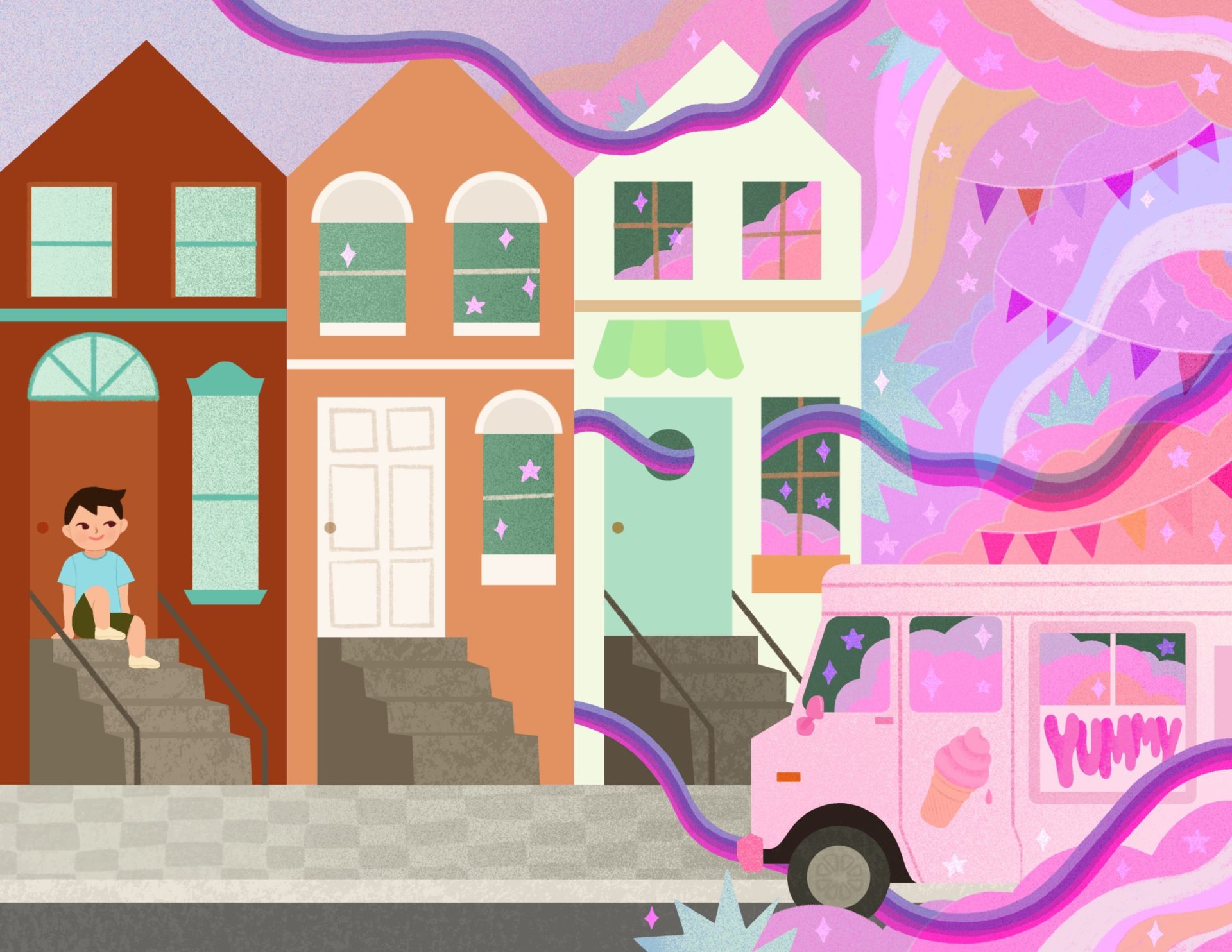 Illustration of a young boy sitting on stairs in a colorful neighborhood with whimsical buildings and an ice cream truck nearby.
