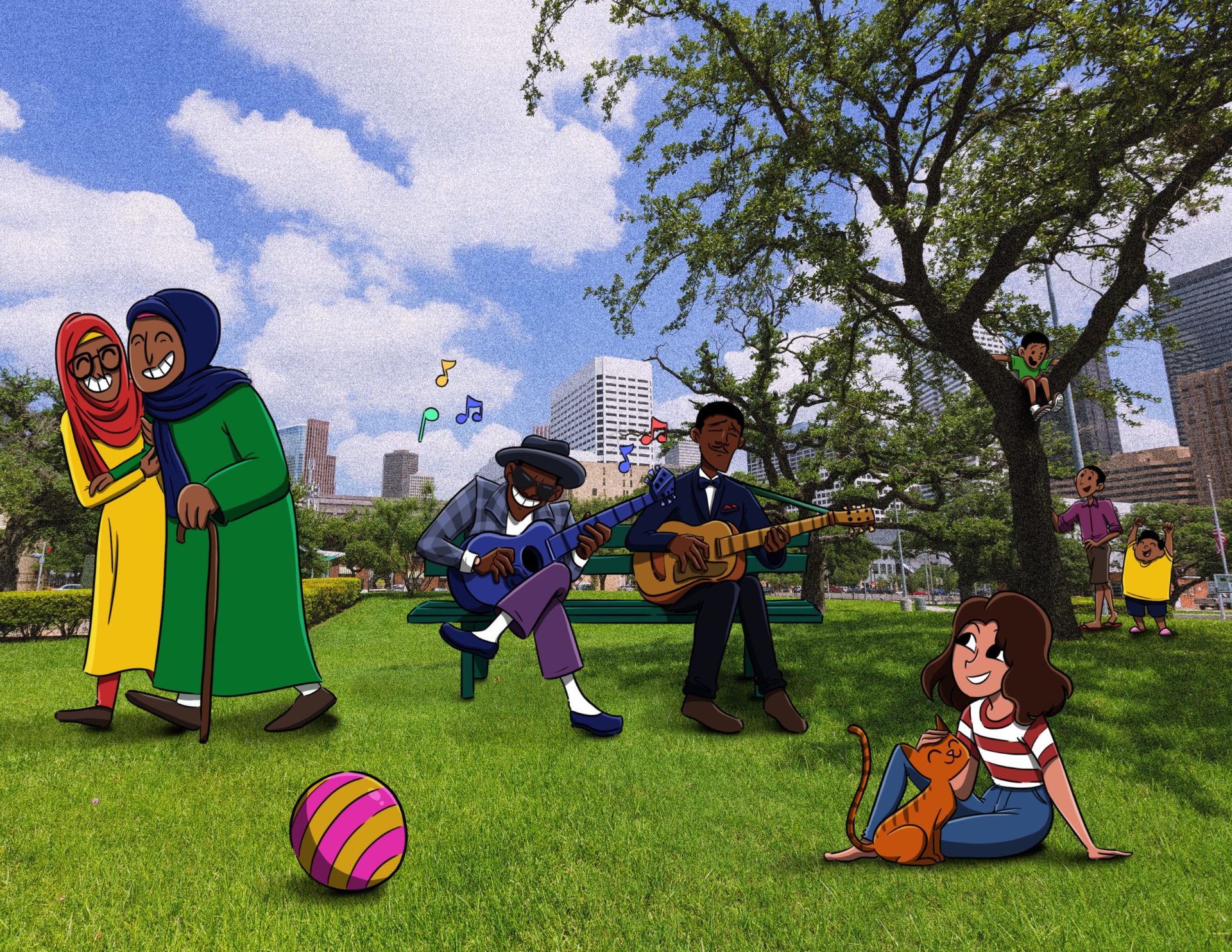 Diverse animated characters enjoying a sunny day in a park with music and relaxation; city skyline in the background.