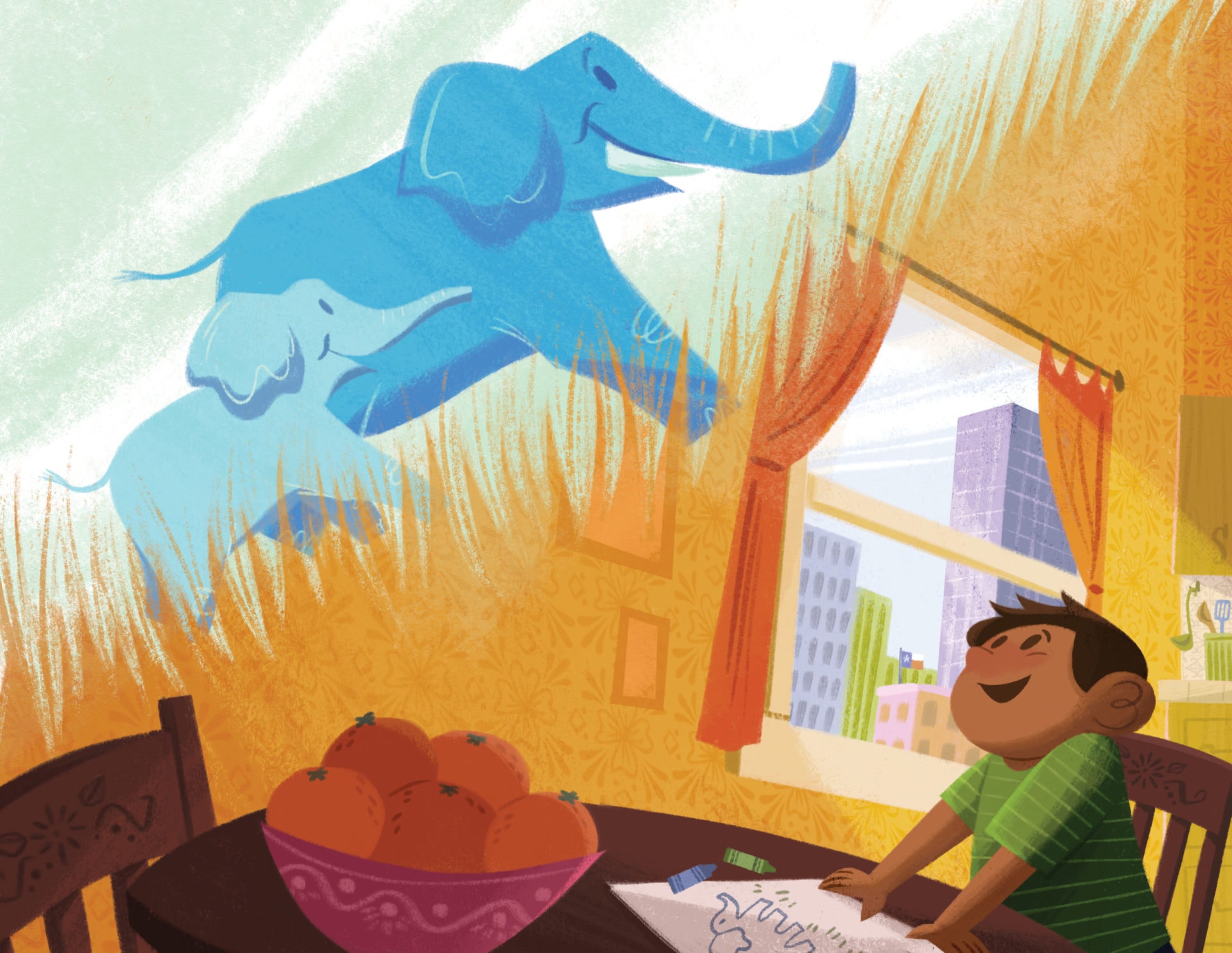 Illustration of a boy doing homework at a table, looking surprised at a large elephant floating above him inside a room with vibrant wallpaper and a view of a cityscape outside the window.