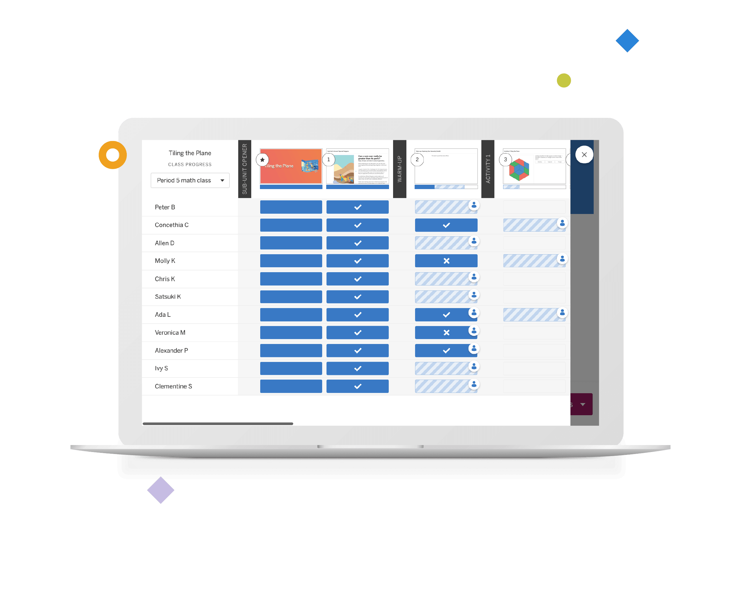 Illustration of an open laptop displaying a detailed Amplify Math curriculum management app with various task lists and status updates on its screen.