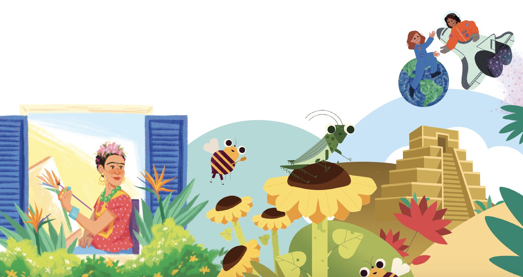 Illustration featuring diverse characters and elements such as frida kahlo with flowers, children on planets, maya pyramid, a bee, and a cricket on nature-themed background.