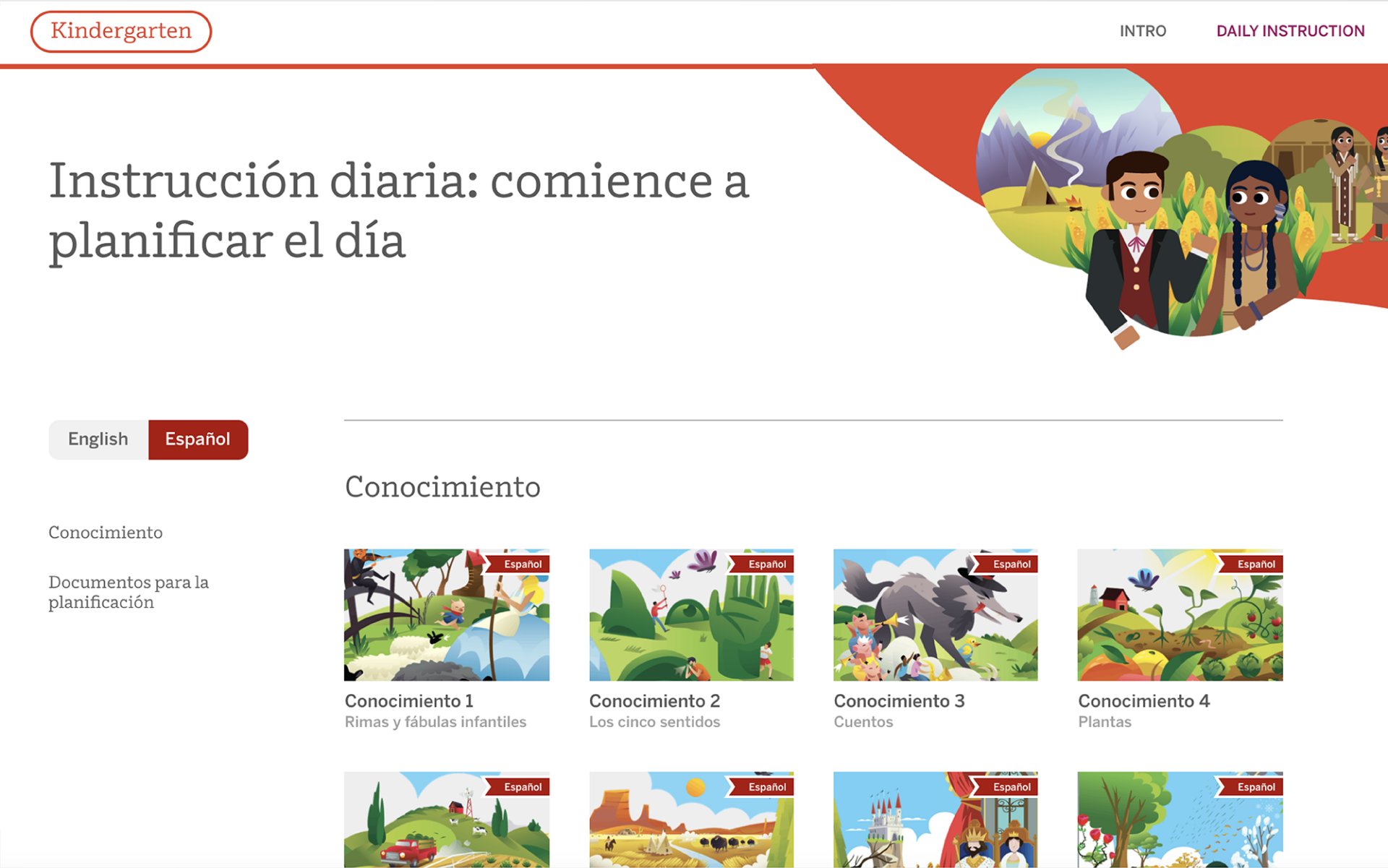Screenshot of a bilingual educational website's homepage for kindergarten with navigation tabs and illustrated educational content in spanish.