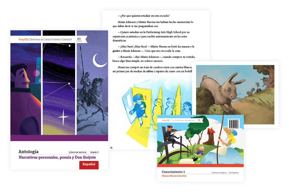 A collage of illustrated book covers, including themes of Don Quixote, space exploration, and anthropomorphic animals in various scenarios, all enriched with Spanish language elements.