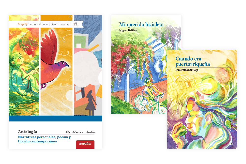 Three colorful book covers featuring vibrant illustrations related to themes of nature, cycling, and cultural expression. Text indicates stories of anthropology, personal narratives, and Puerto Rican culture. The Spanish language amplifies the Cam