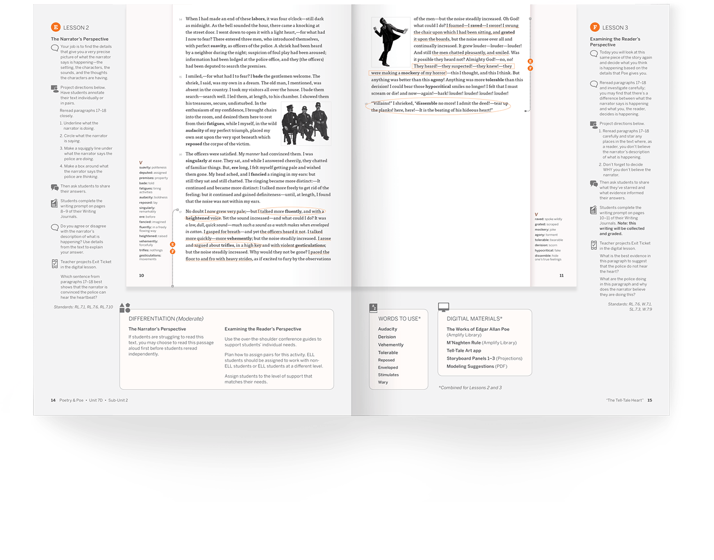 Open textbook displaying two pages with text and images, including diagrams, charts, and small photos of people, used for educational purposes.