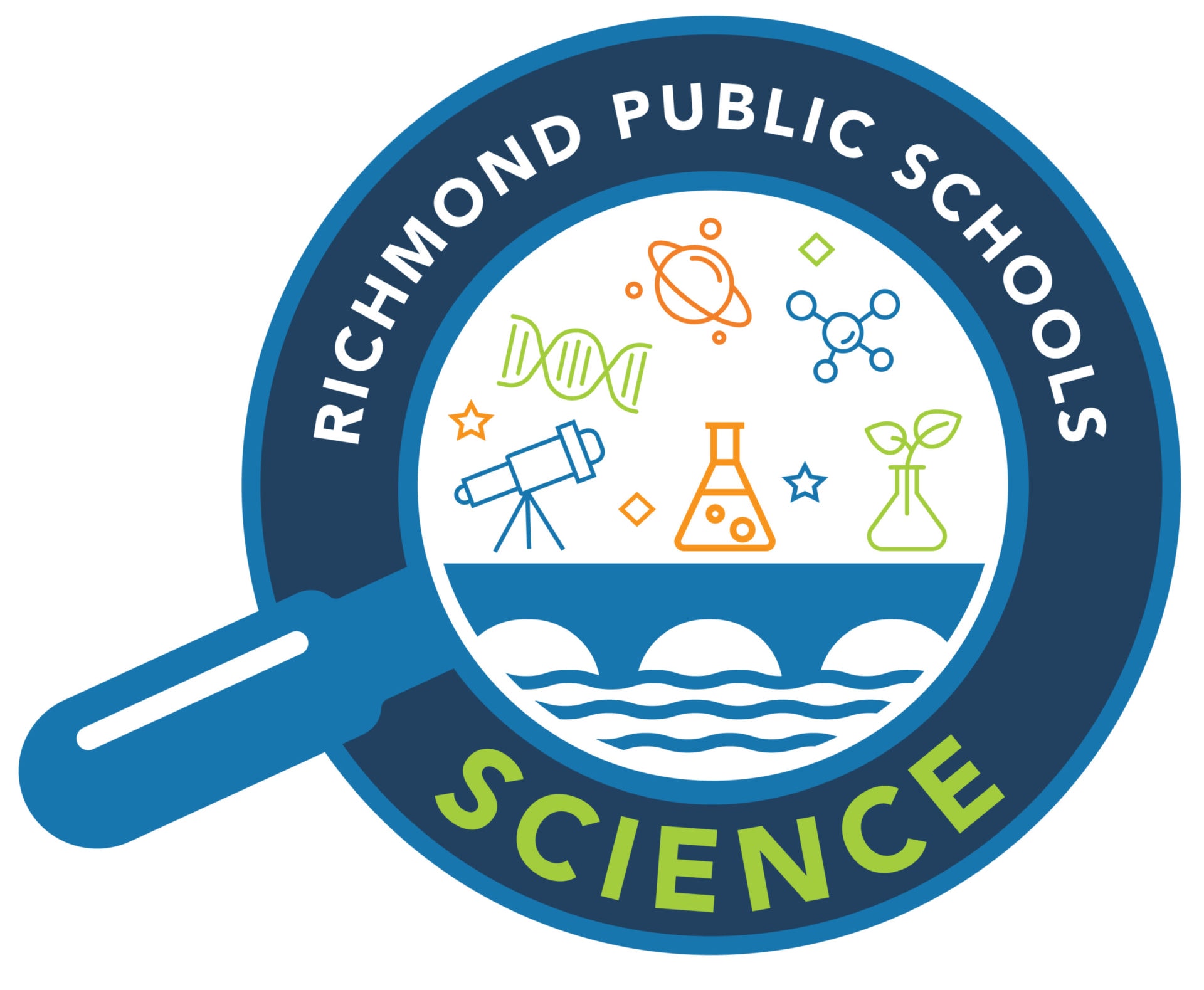 Logo of richmond public schools science, featuring a magnifying glass with scientific symbols and waves, encircled by the school name.