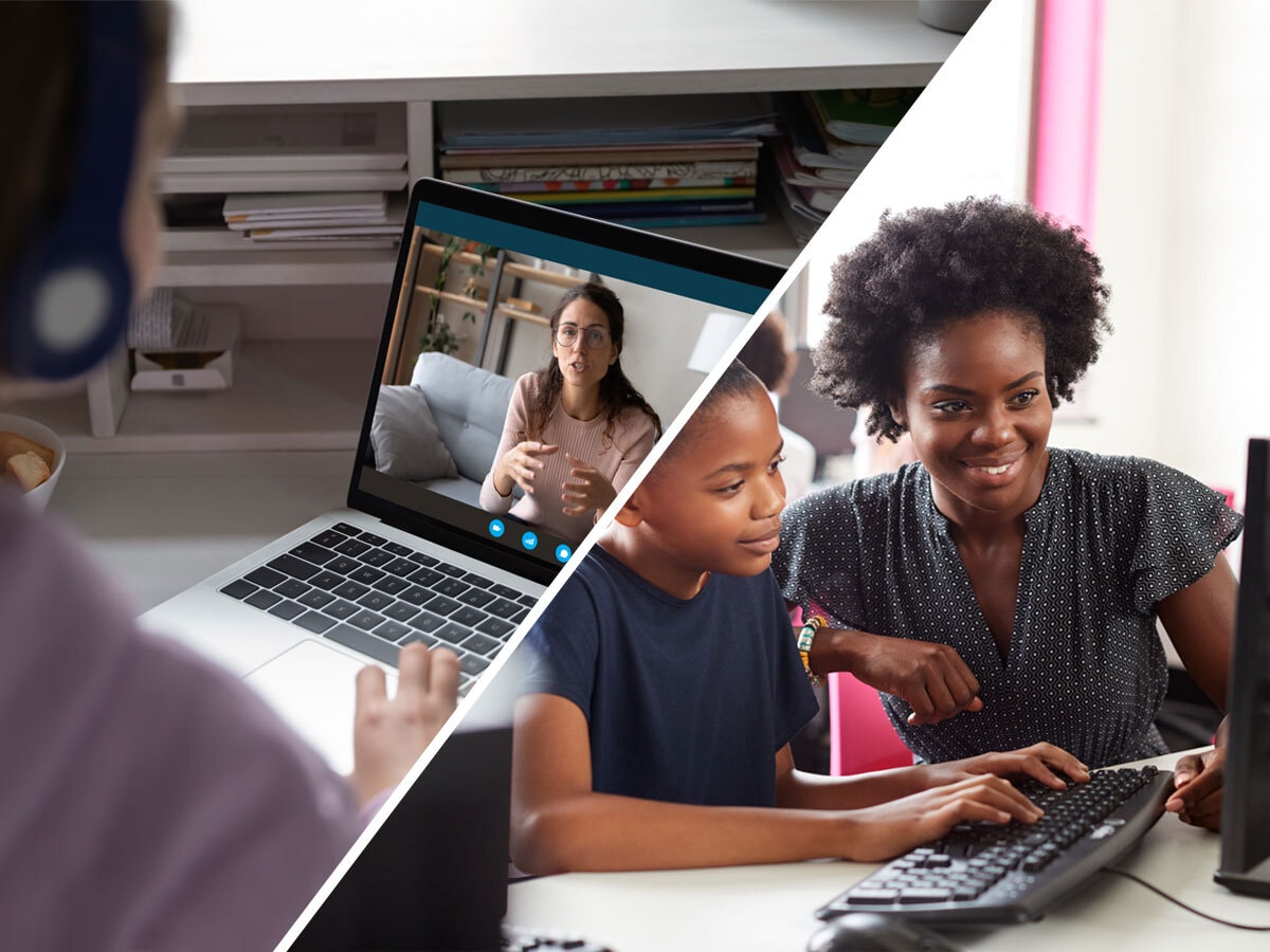 Split image showing a woman using a laptop for a video call on the left, and a woman teaching a young boy on a computer on the right.