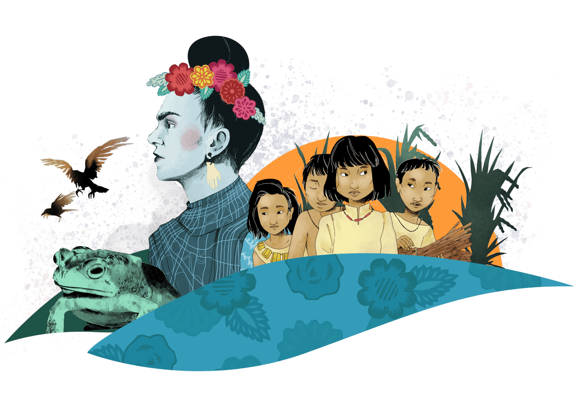 Illustration of a diverse group of people and animals including a woman with flowers in her hair, children, a frog, and a bird, set against a colorful, nature-inspired background.